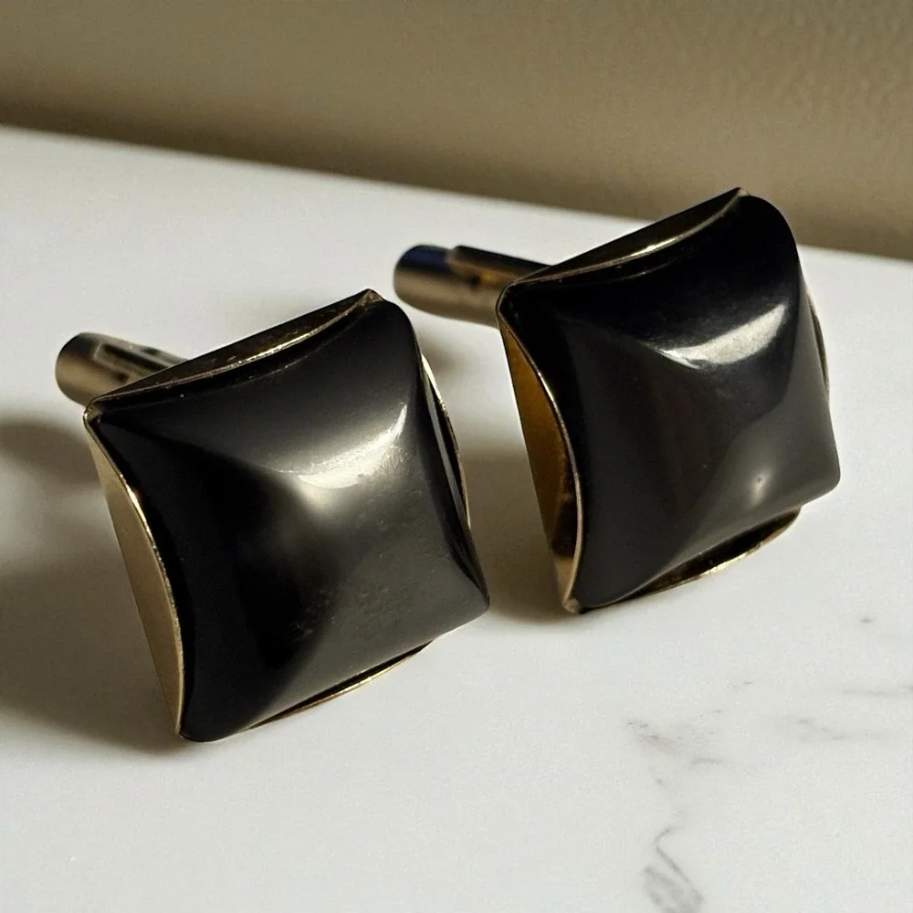 Dark Gray Square Cufflinks Men's Gold Tone Vintage Lucite Acrylic Formal Classic